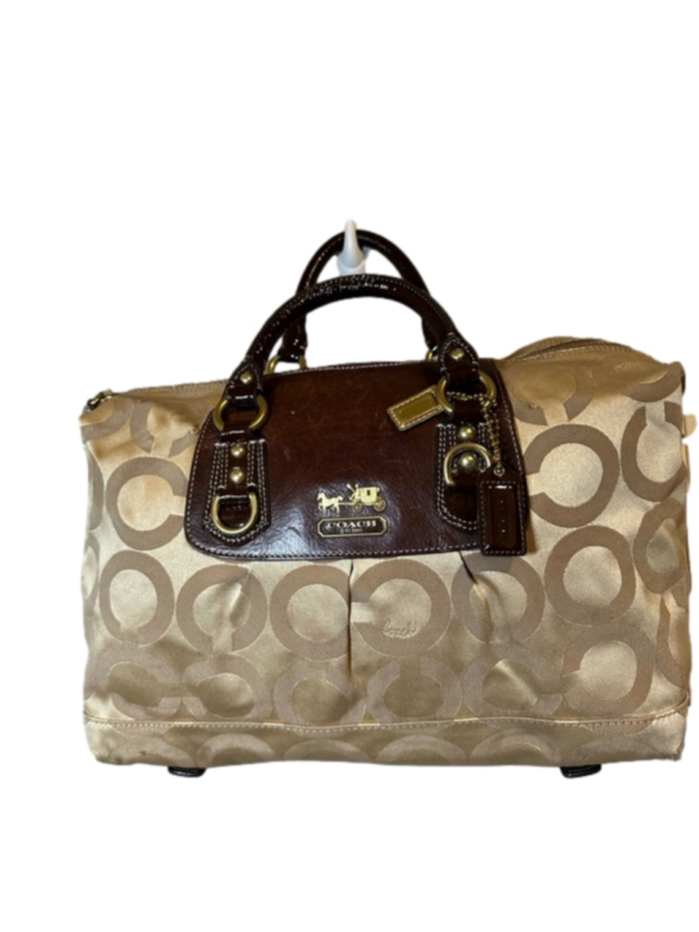 COACH Large Brown Leather and Tan Fabric Signature Canvas Satchel